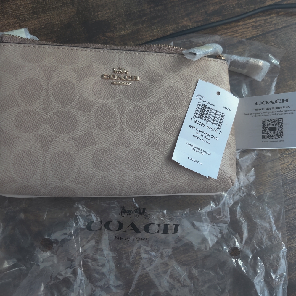 Coach Signature Leather Wristlet Clutch in Taupe